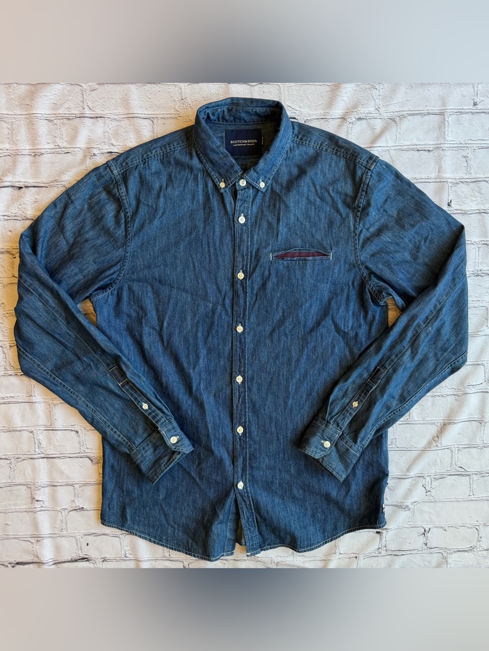 Scotch & Soda Men’s Long Sleeve Button-Down Denim Shirt Blauw EUC Size Large
